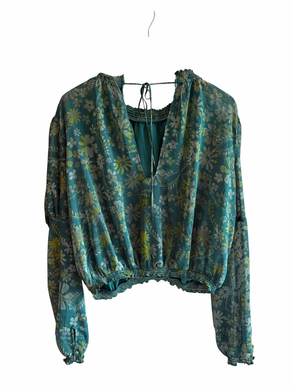 Free People Green Floral Sheer Sleeve Clarissa Print Top - Picture 5 of 8